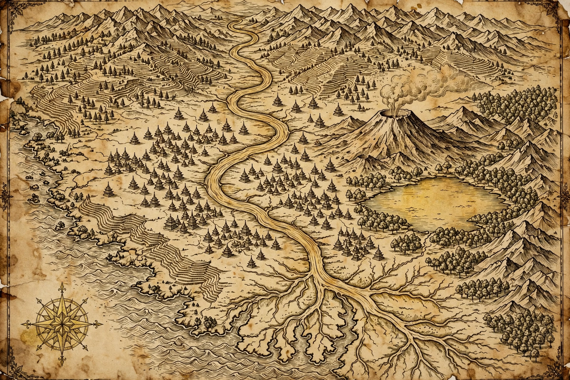 Parchment map of the Astra, a mythic Burma of rivers, stupas and mountains